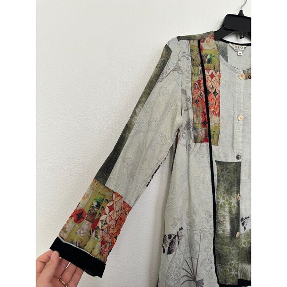 Citron Santa Monica Button Front Silk Blouse Abstract White Black Women's Medium - Picture 4 of 7